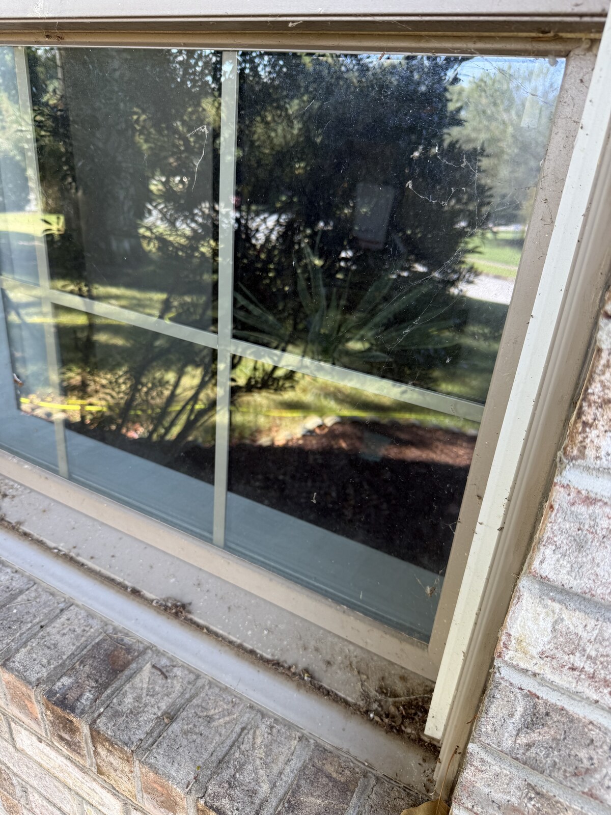Dirty window sill and frame with cobwebs and grit before cleaning